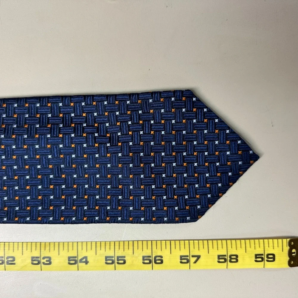 Tino Cosma Navy Blue Orange Geometric Basketweave Silk Tie Made in Italy